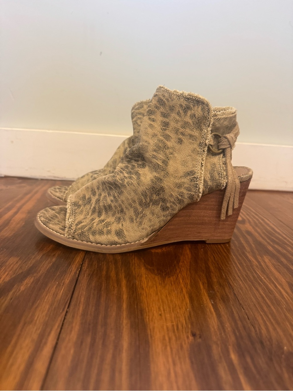 Very G Wedge Peep-Toe Ankle Booties in Taupe Leopard Print
